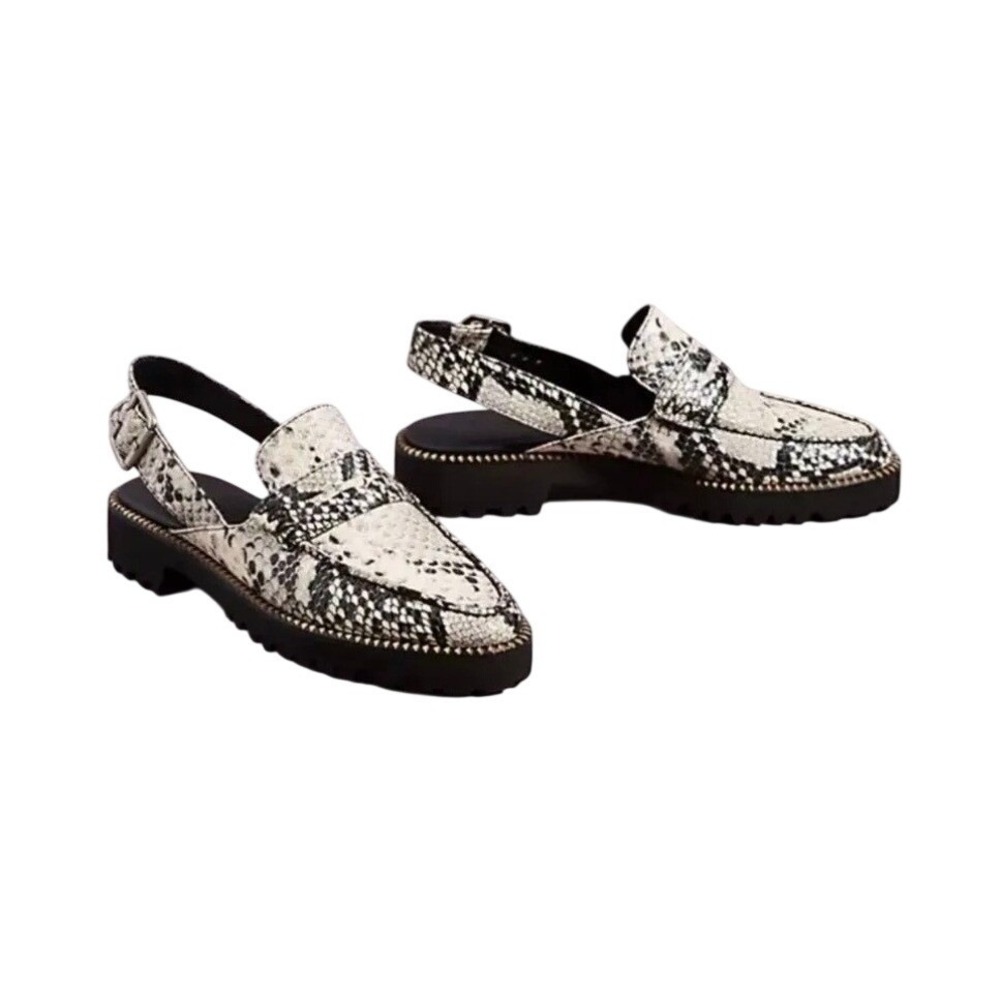 Freda Salvador Keen Slingback Loafers Snakeskin Embossed Leather Black White 9.5